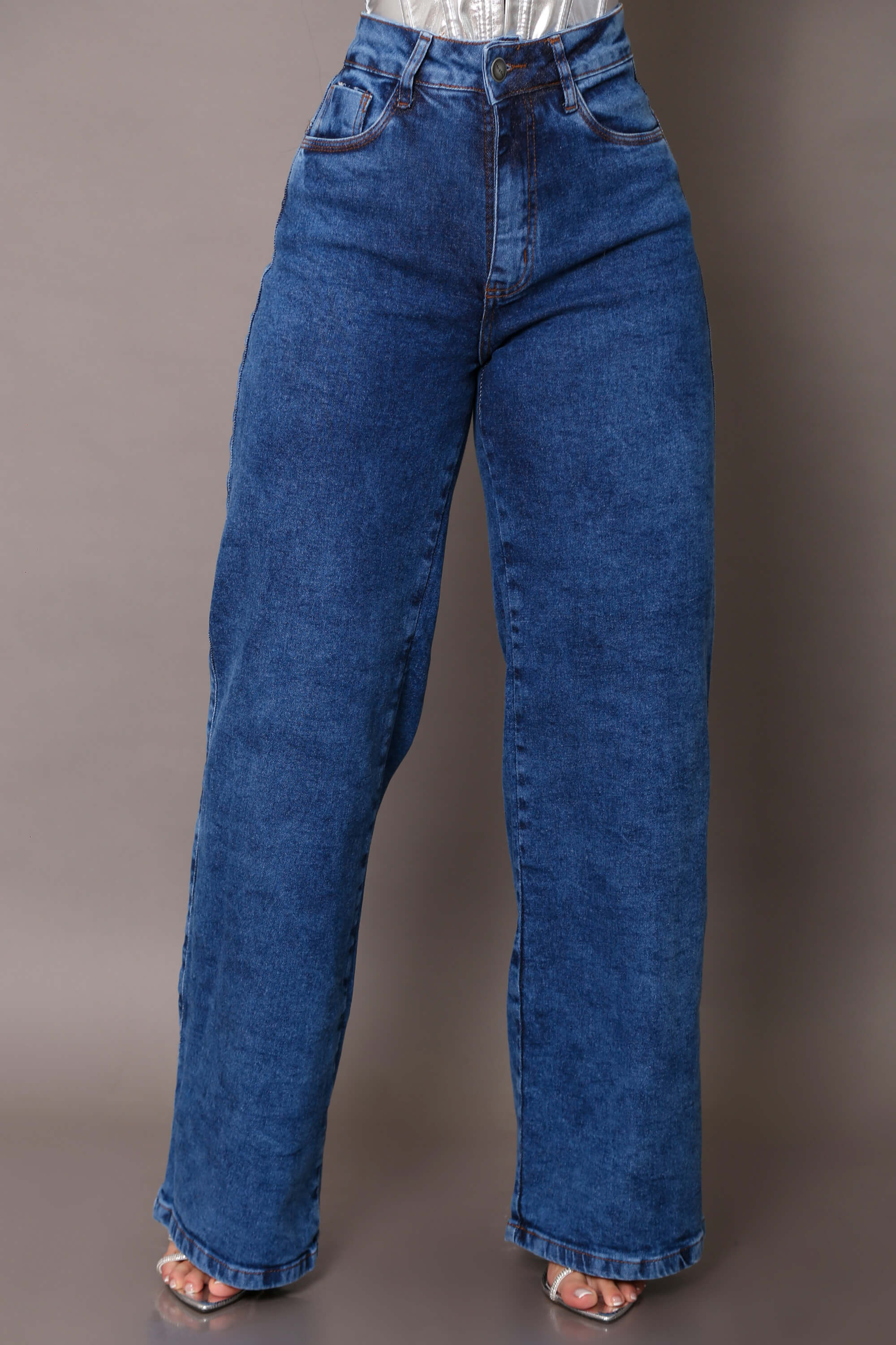 Calça jeans wide leg feminina com elastano sky escuro