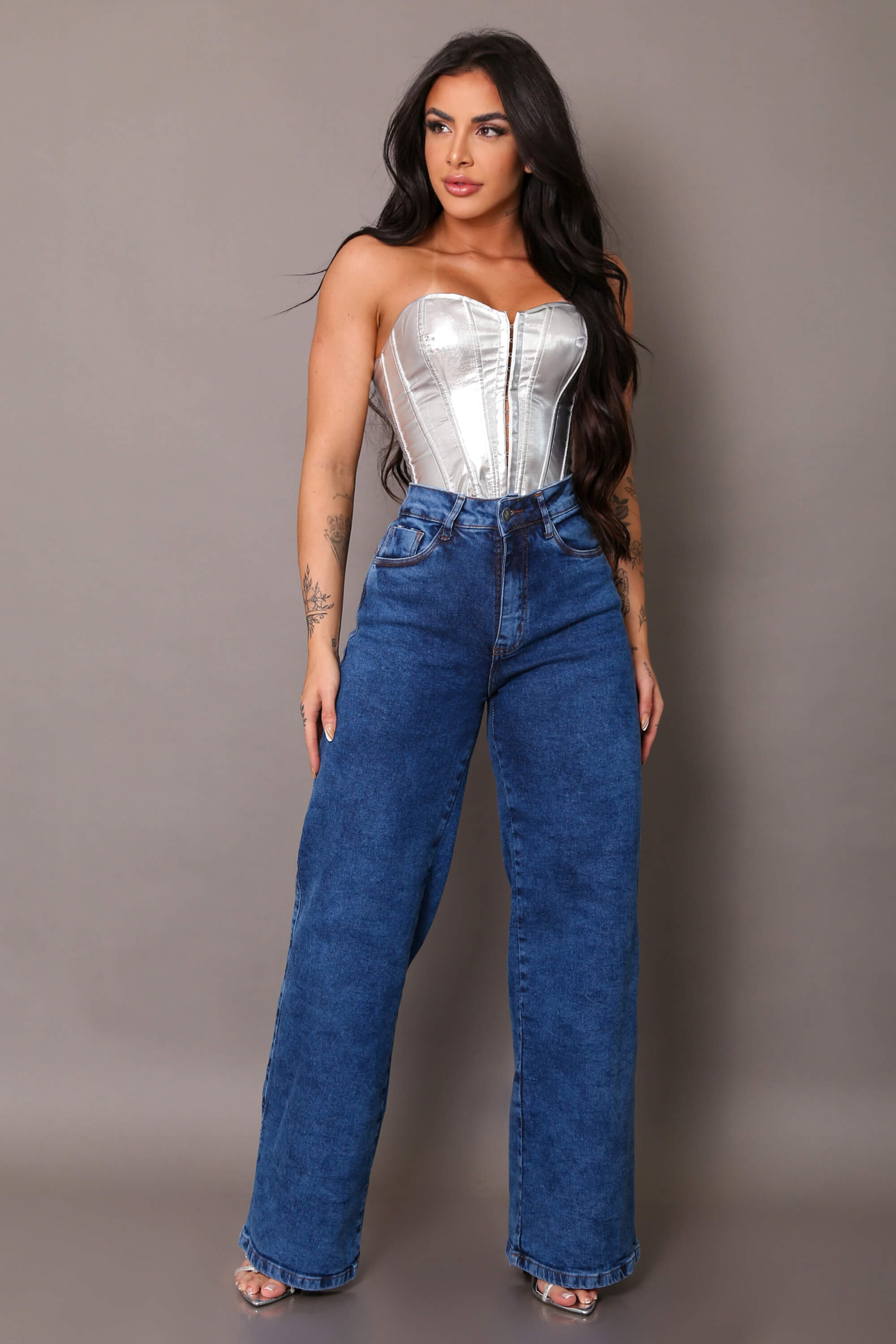 Calça jeans wide leg feminina com elastano sky escuro